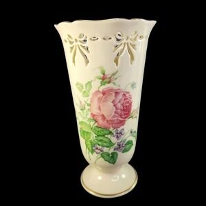 Lenox Vase Victorian Rose Gold Trim Bows Cut Out Pierced Floral Med Made USA Vtg